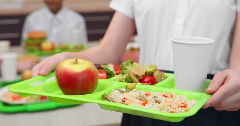 A student holds a lunch tray full of food 